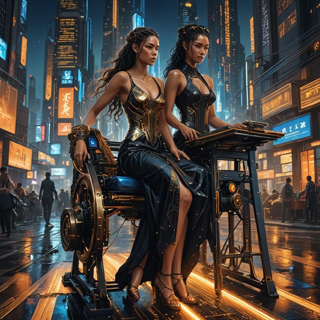 Goddess Weaving Loom in Cyberpunk Cityscape