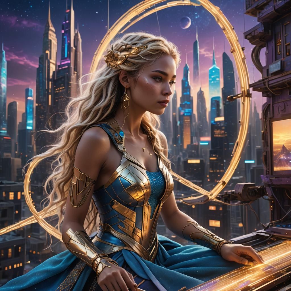 Goddess Weaving Fate in Futuristic Cityscape