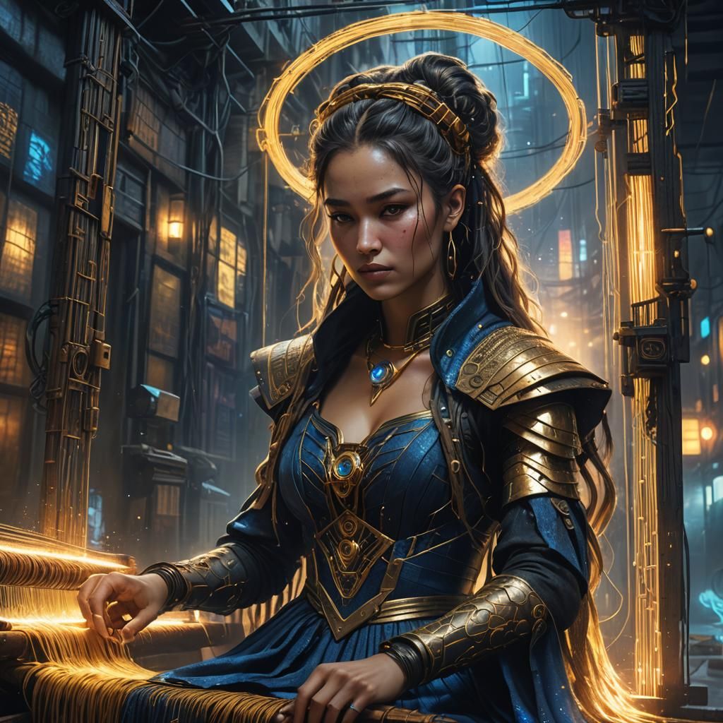Cyberpunk Goddess Weaving Stardust in Dark Alley