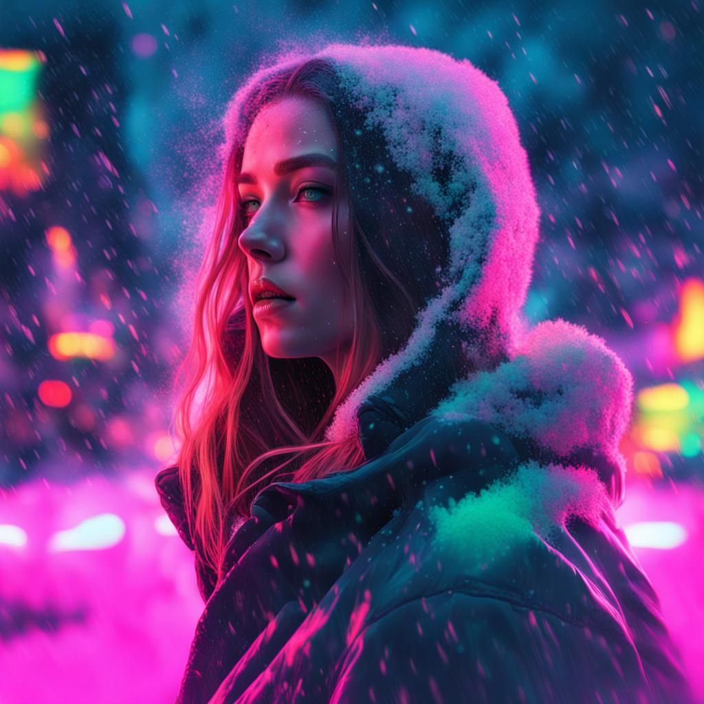 Surreal Woman's Ghost in Falling Neon Snow