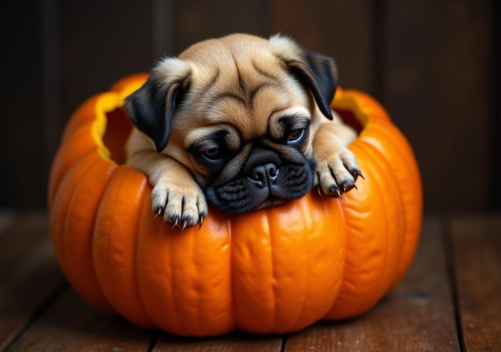 Pug Puppy Snuggled in Pumpkin, Realistic Still-Life