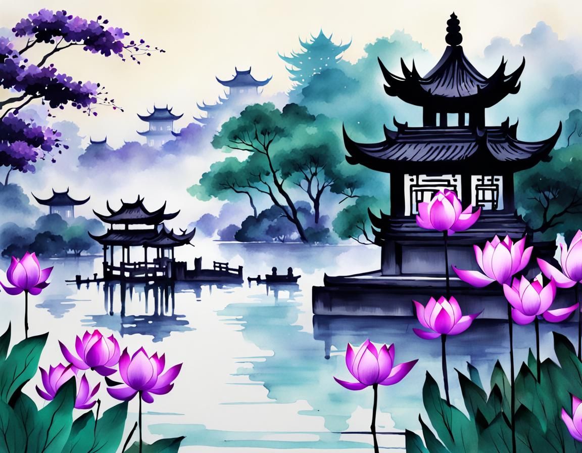 Lakeside Shrine with Lotus Flowers in Ink Painting Style