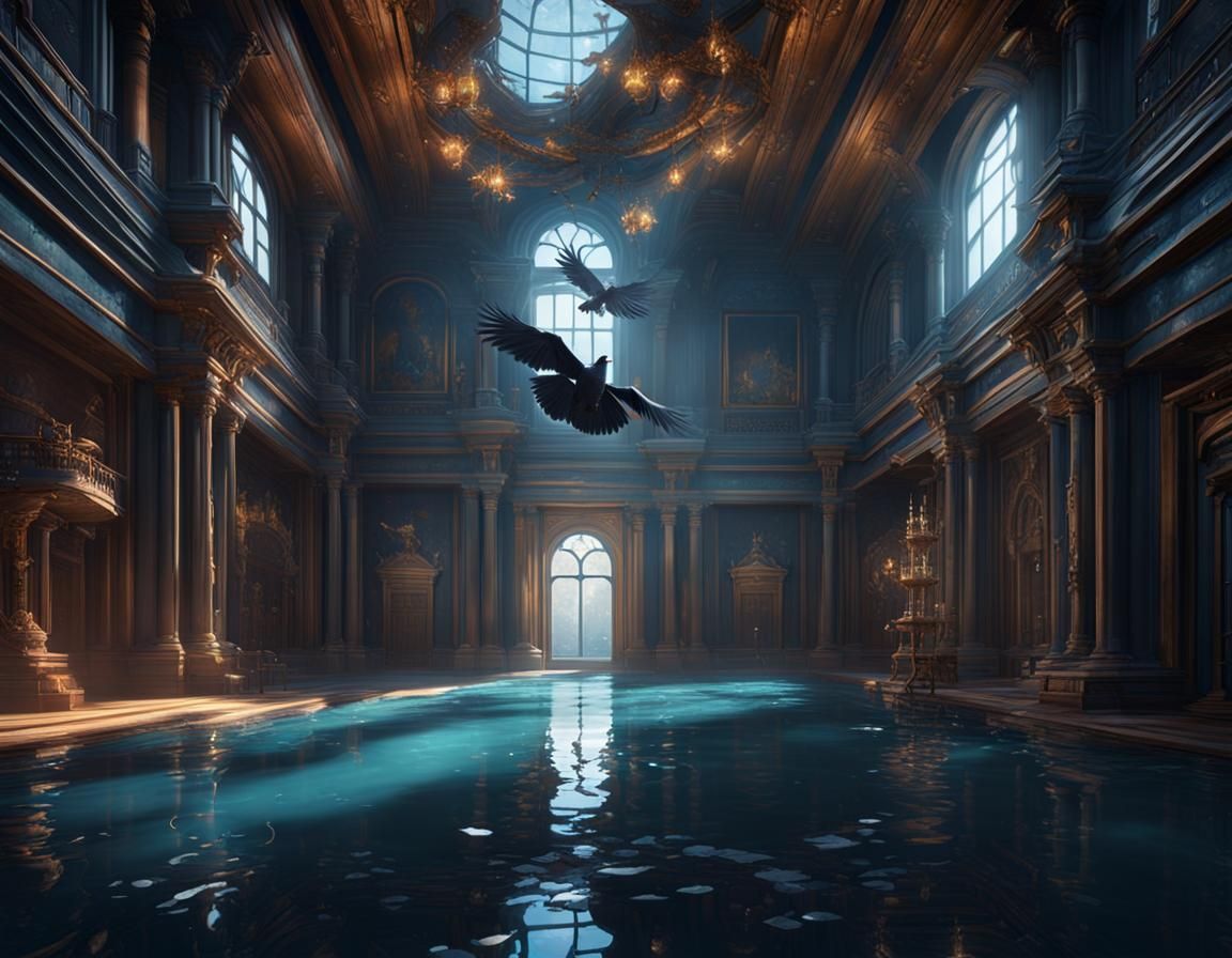 Dark Academia Room with Bird and Water Reflection