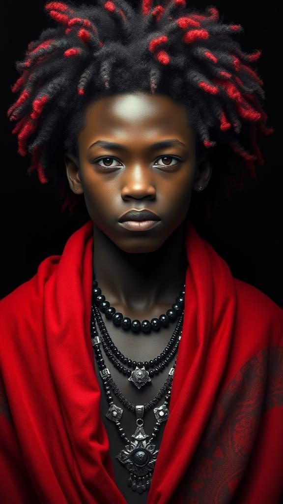 Dark Skinned Man in Majestic Red Blanket and Black White Nec...