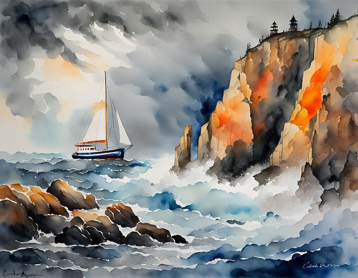 Dramatic Sailboat in Storm, Impressionist Watercolor
