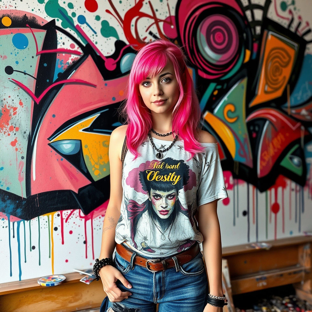 Pink-Haired Woman Poses Before Graffiti Art