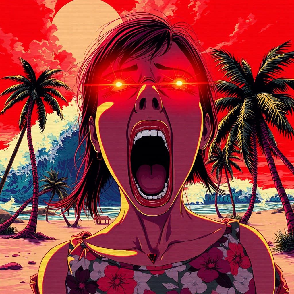Terrified Woman with Glowing Eyes in Glitchcore Beachscape