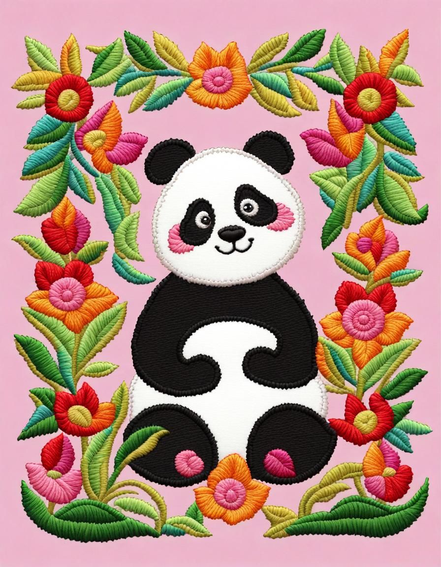 Vibrant Panda Embroidery in Imperial Colors