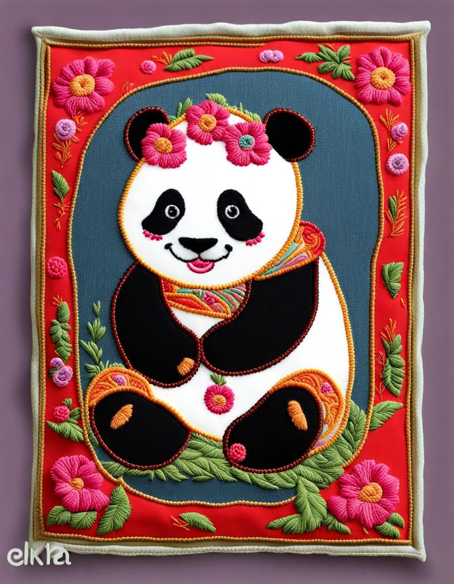 Vibrant Panda Embroidery in Imperial Colors