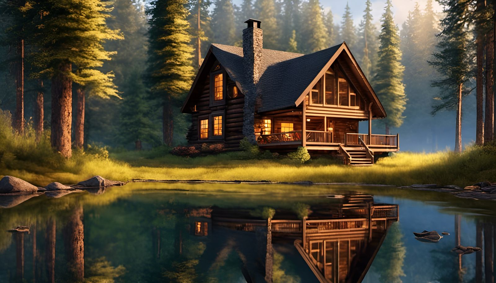 Cabin in Redwood Trees in Watercolor Style