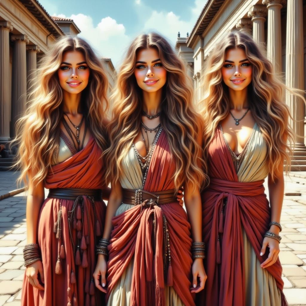 Roman Goddesses in Ancient Temple Courtyard