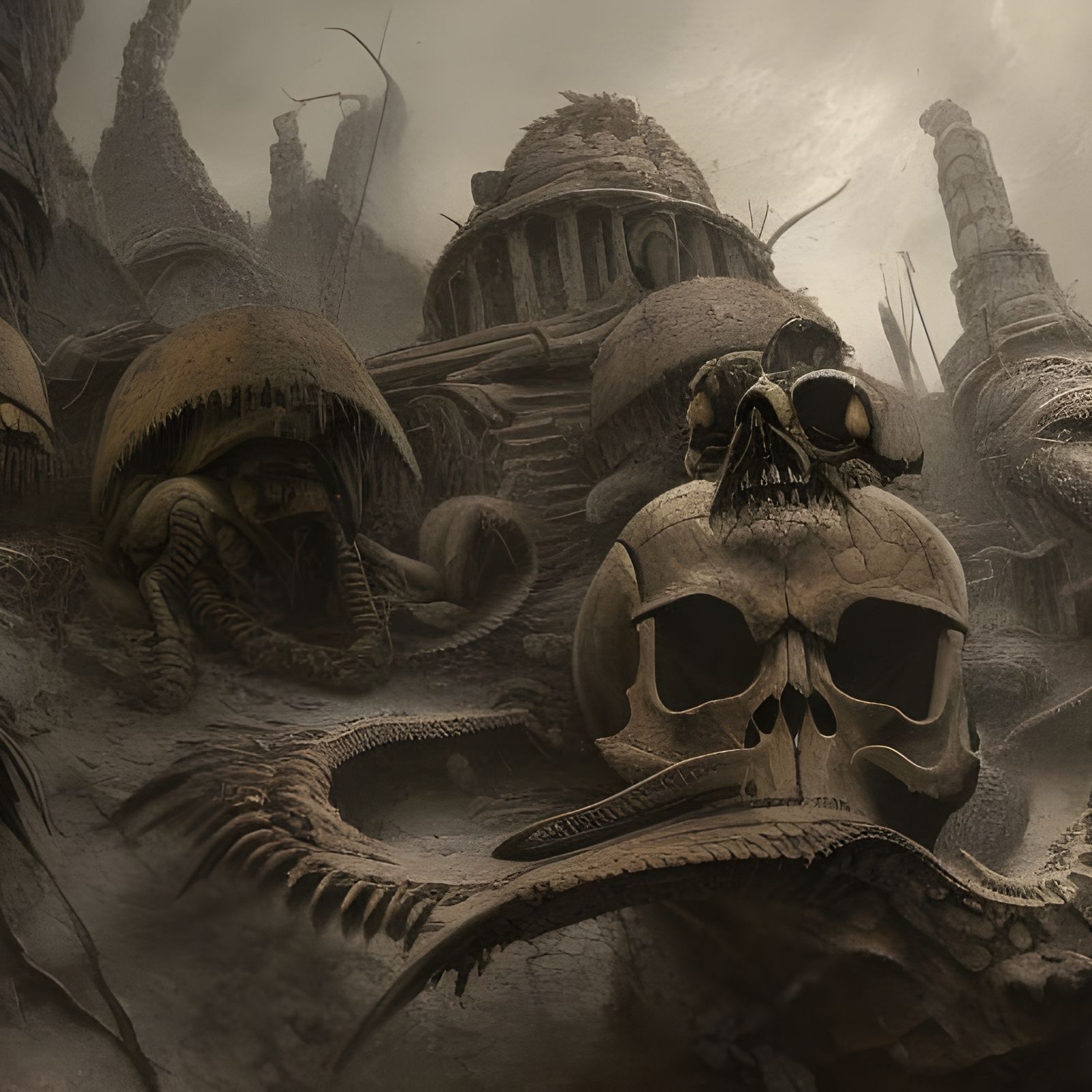 Giger Skull on Stone Wall in Detailed Matte Painting