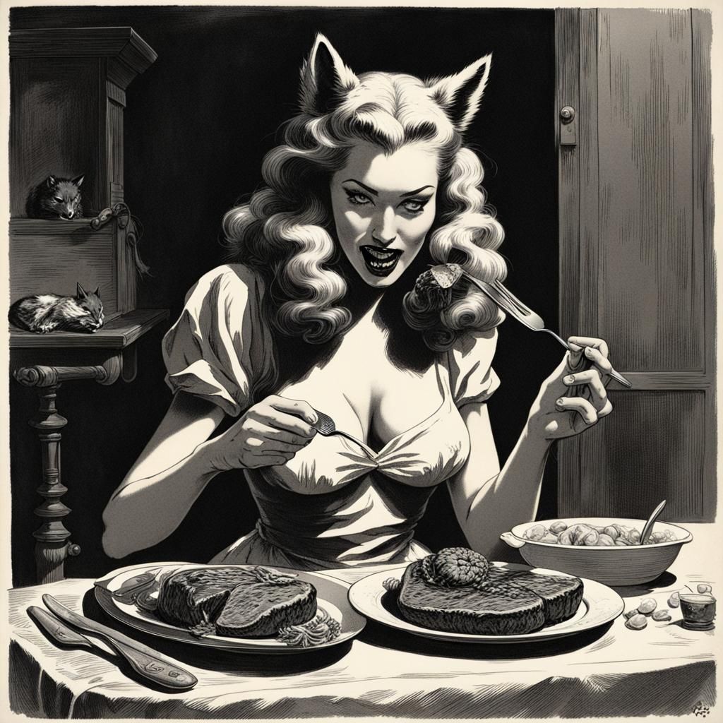 1940s Pinup Wolf Princess Eats Steak