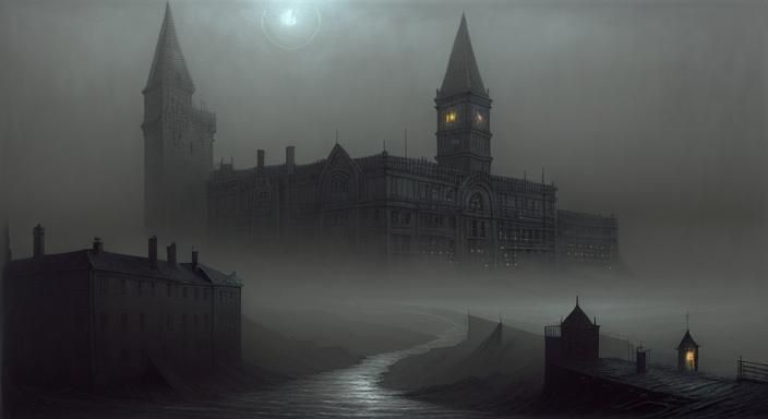 Lovecraftian Gothic Town by Beksinski, Dark Fantasy Art