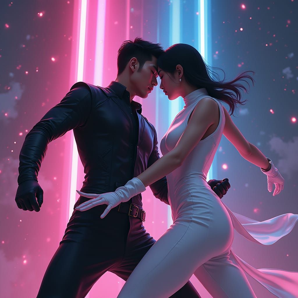 Futuristic Asian Assassins Sparring in Galactic Landscape