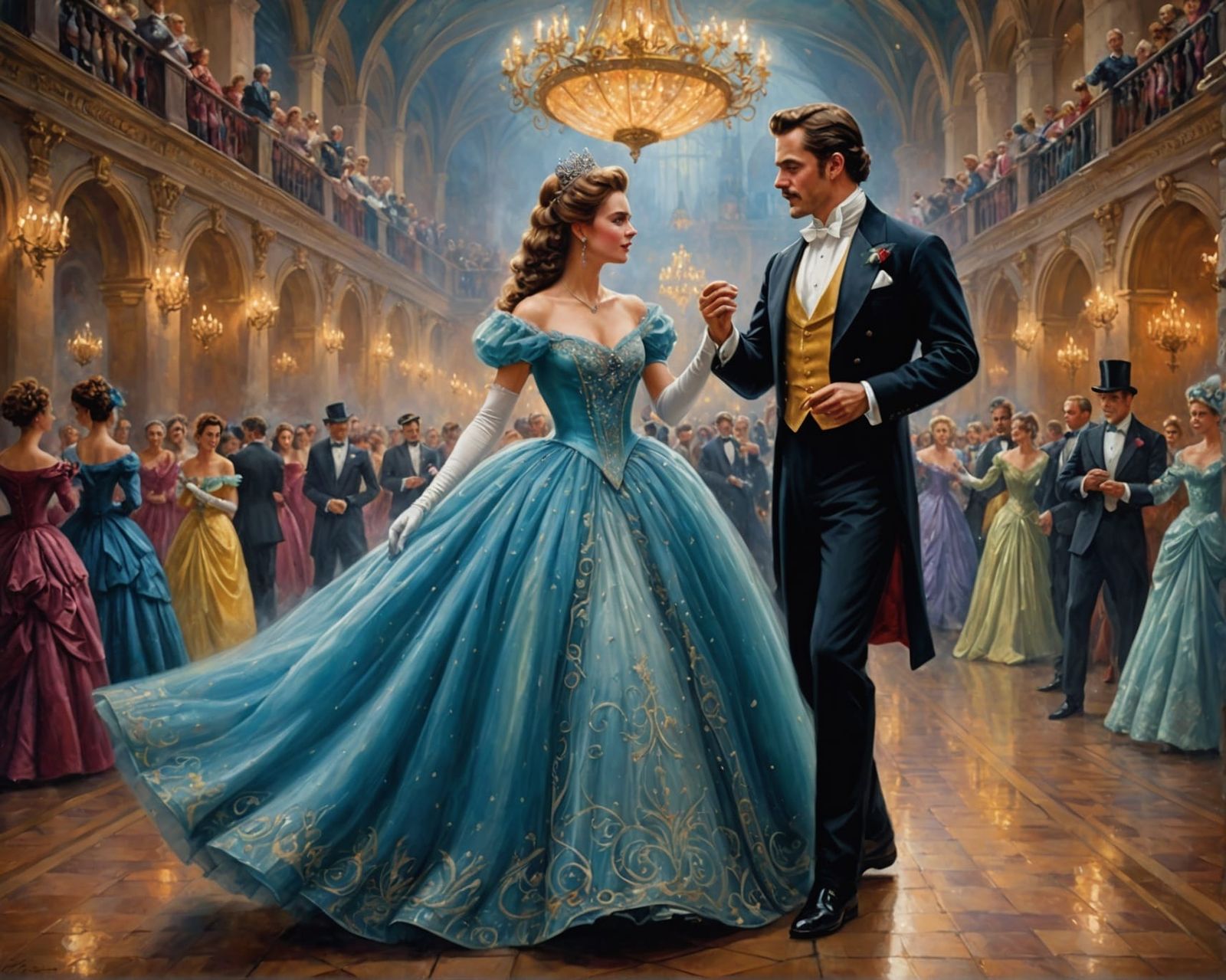 Beautiful Queen Dancing at Masked Ball in Oil Painting Style