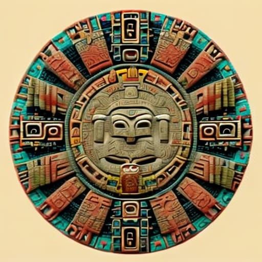 Ornate Mayan Stone Calendar with Hieroglyphics