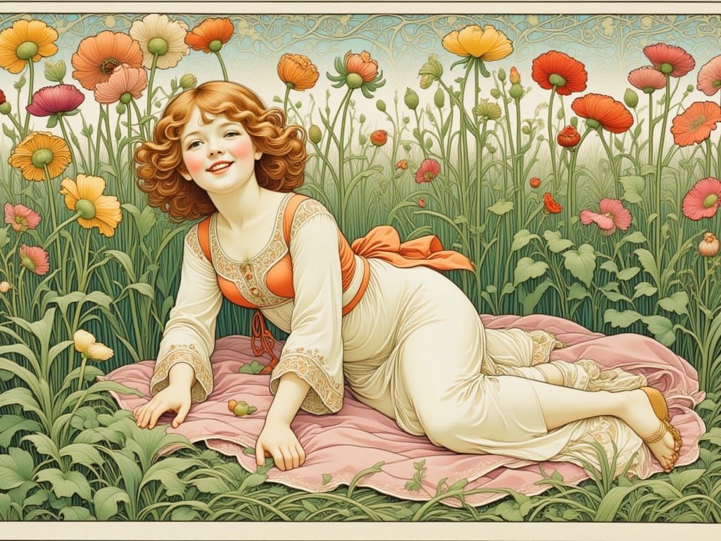 Playful Baby Lies on Garden Blanket in Whimsical Art Style