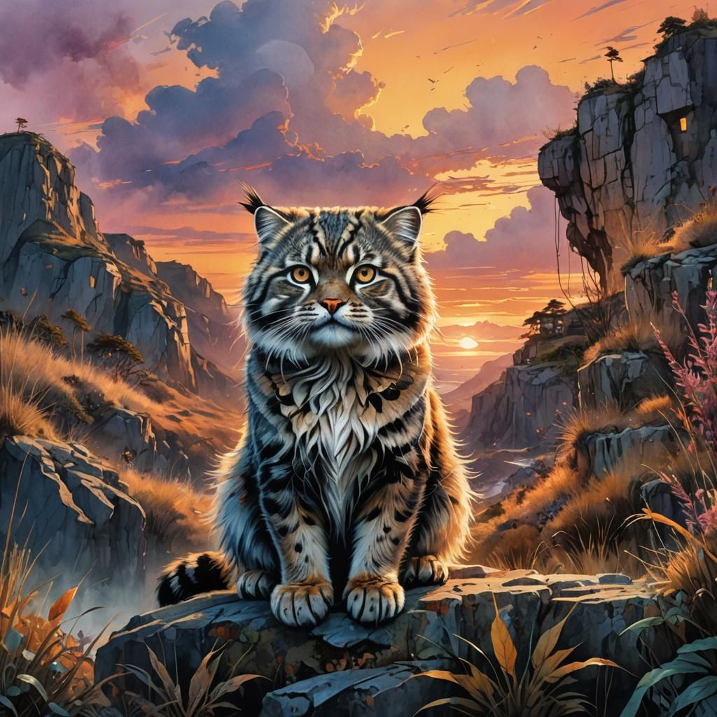 Pallas Cat in Fantasy Sunset: Digital Watercolor