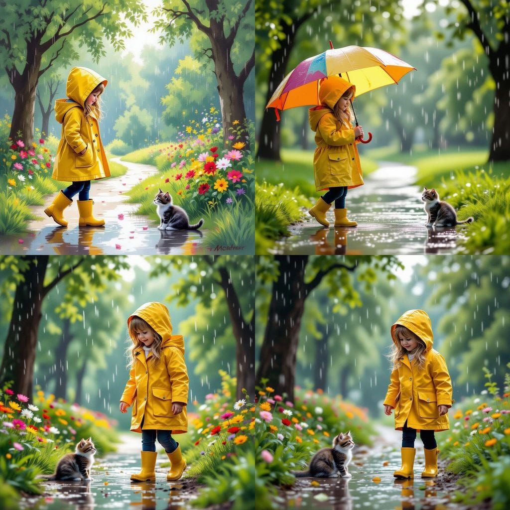 Realistic Photo of Girl and Kitten in Rainy Park