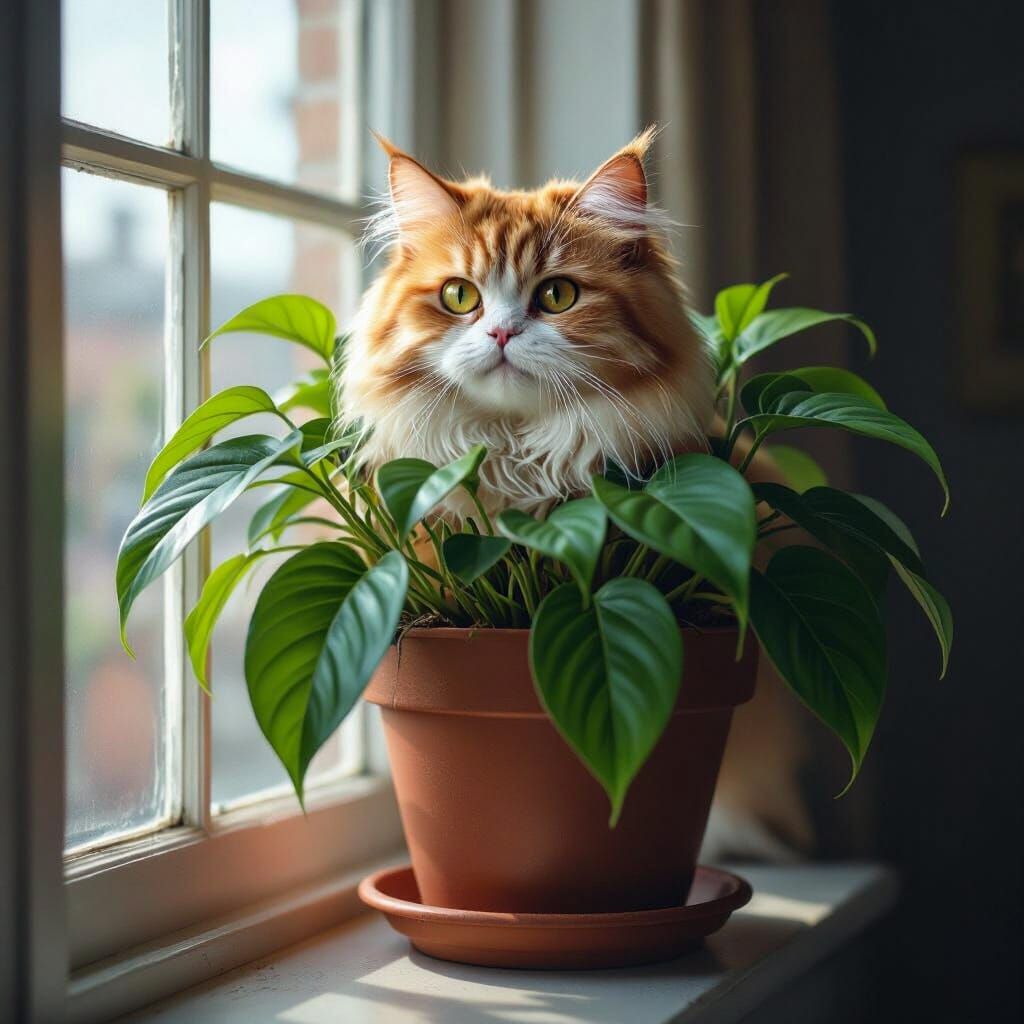 Persian Cat Disguised as Philodendron on Windowsill