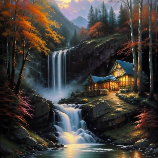 Watercolor Platypus at Waterfall in Luminist Style