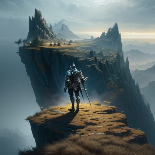 Knight on Cliff Overlooking Valley in Dramatic Lighting