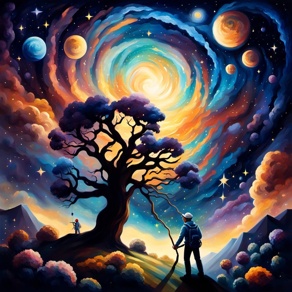 Star Gardener Arranging Constellations: Oil Painting