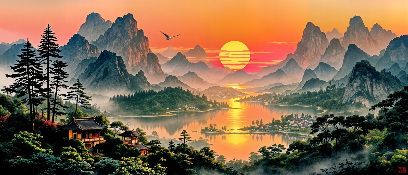 Misty Asian Landscape with River in Traditional Style