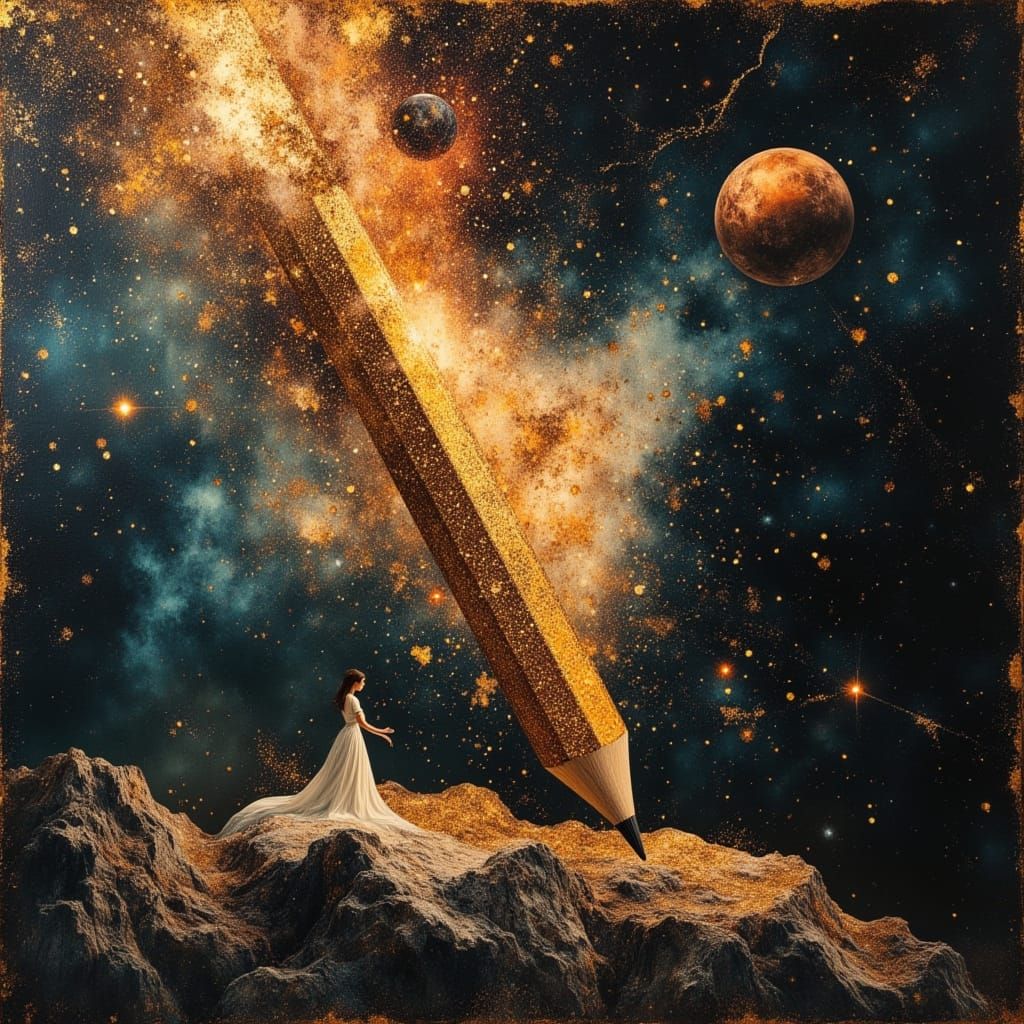 Colossal Pencil with Cosmic Dust and Nebula Planet