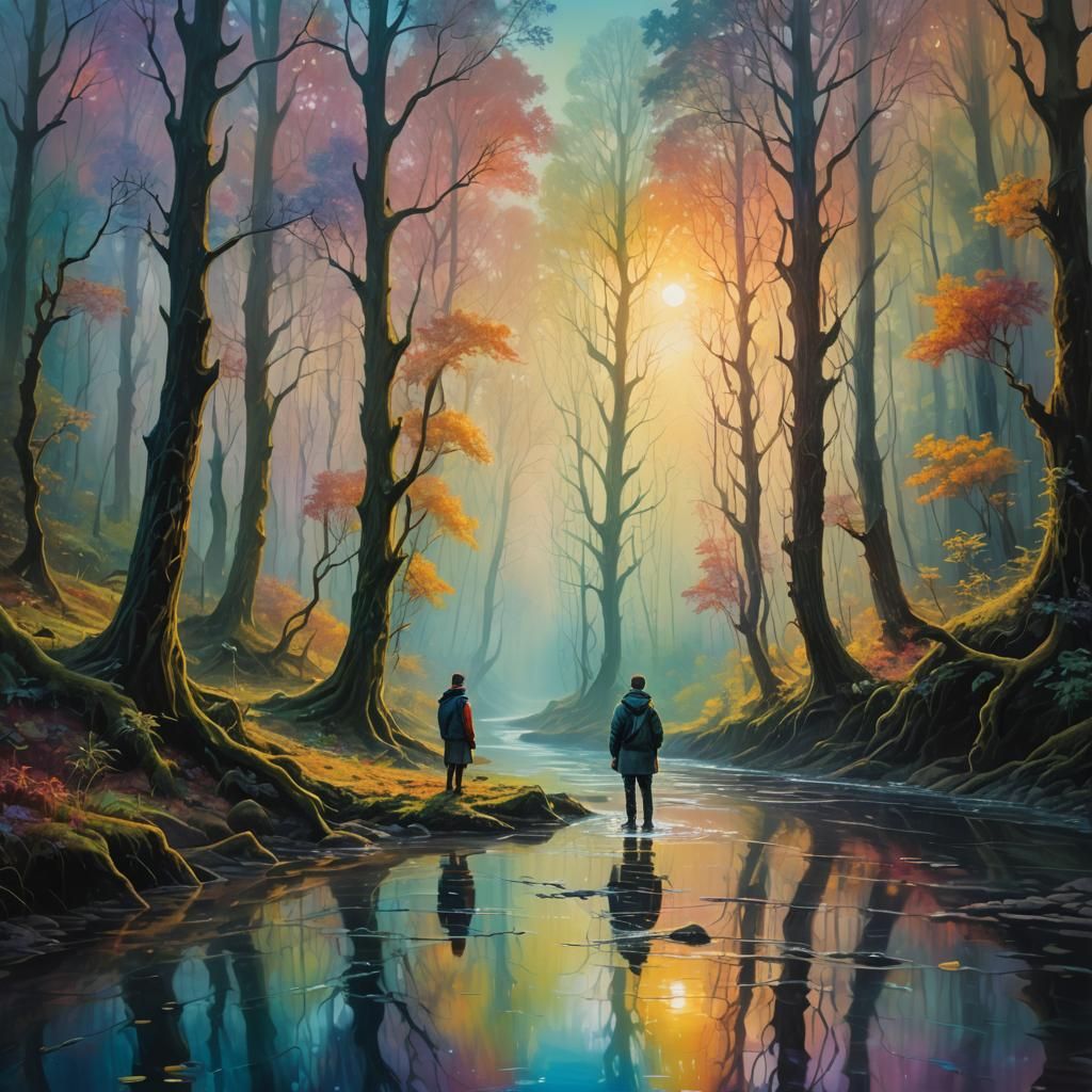 Mystical Forest River: A Surreal Oil Painting