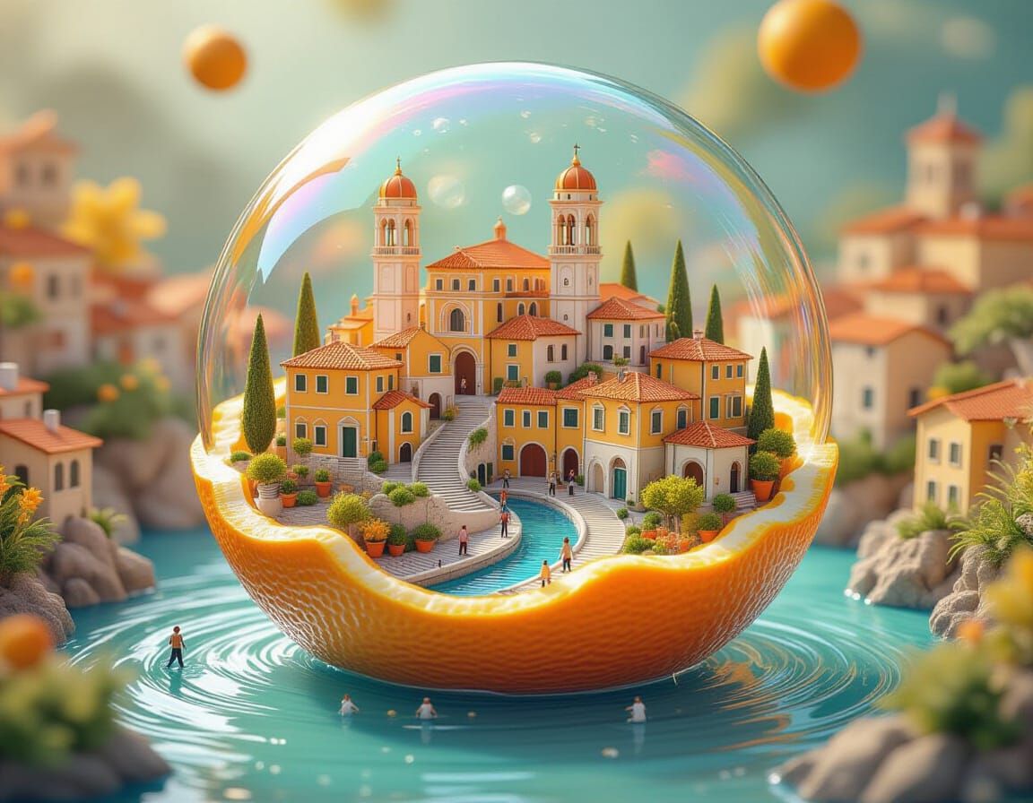 Italian Village Emerges from Iridescent Bubble: 3D Render