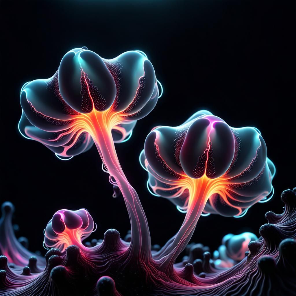 Colorful Amoebae in Black Abyss, Digital Art