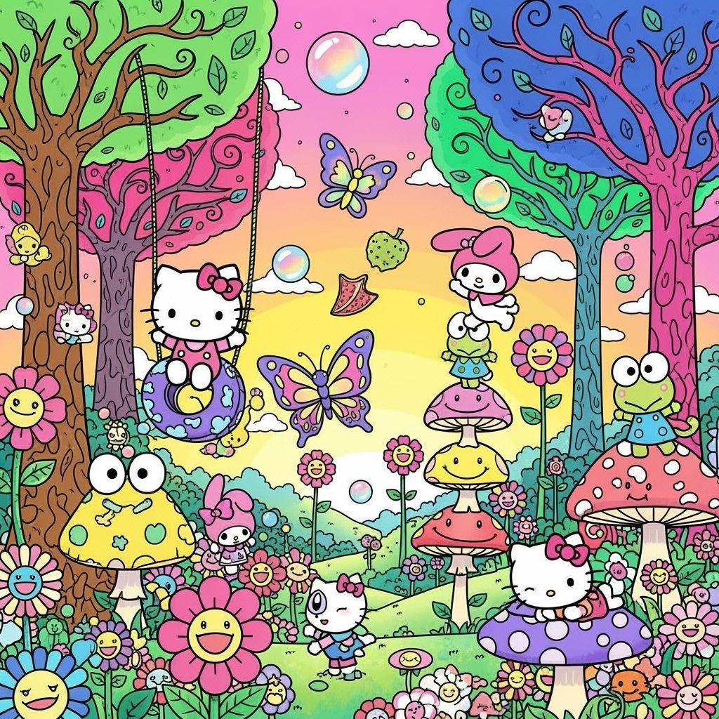 Hello Kitty and Friends in Whimsical Garden, Pop Art Style