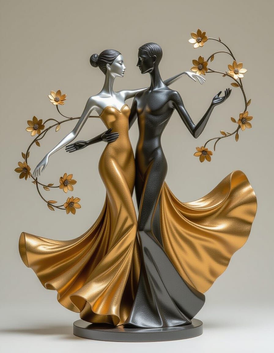 Metallic Dancing Couple in Poetic Surrealism Style