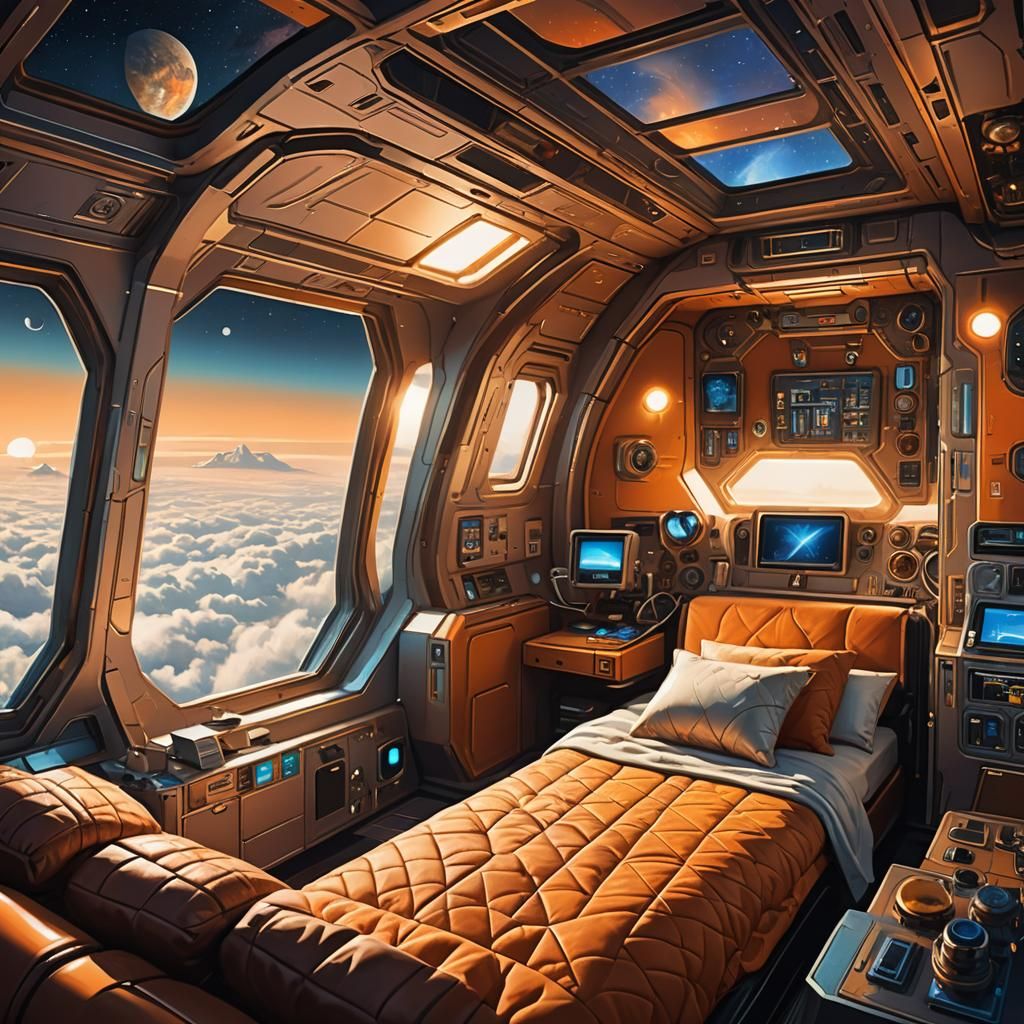 Retro-Futuristic Spaceship Sleeping Berth with Earth View