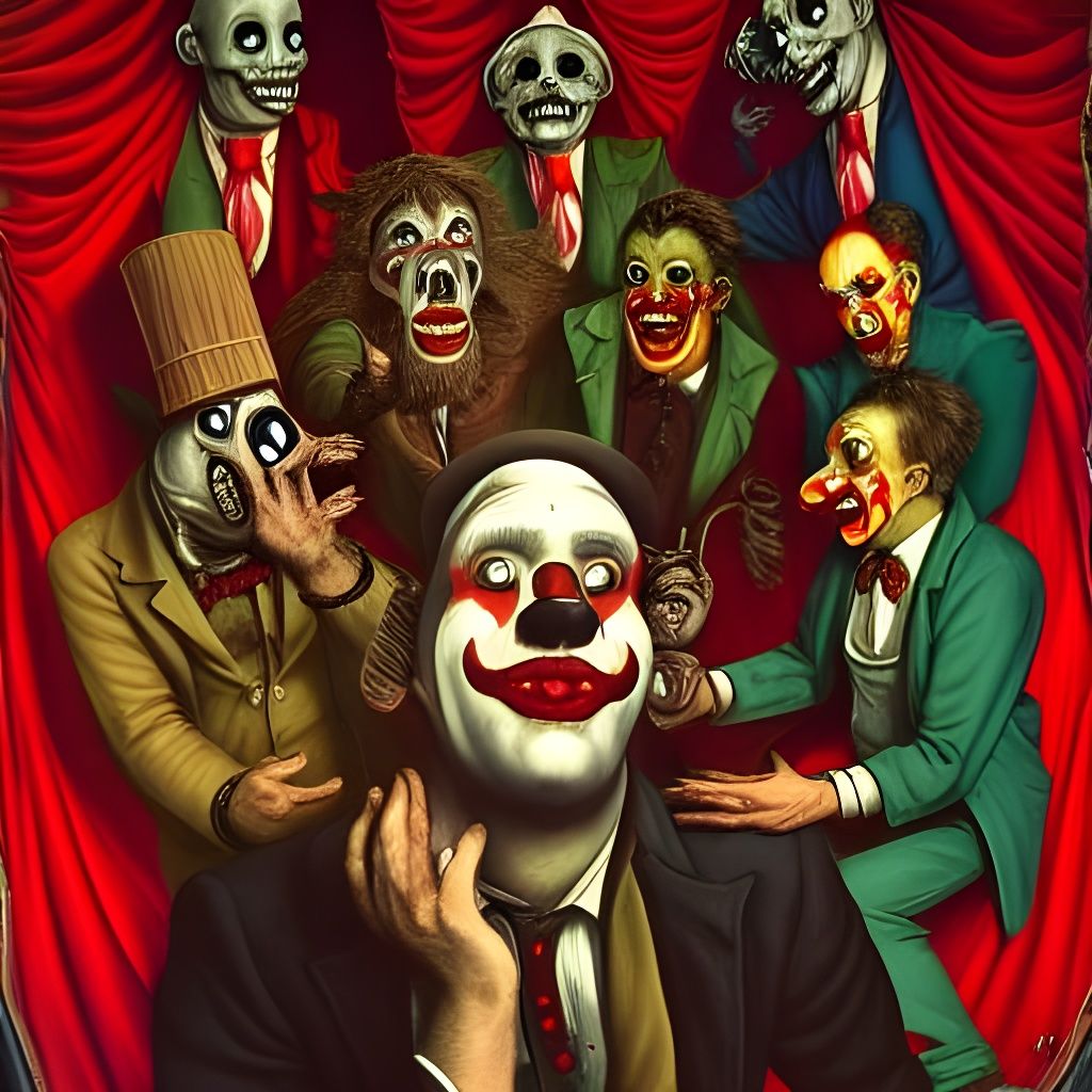 Clown Hierarchy in Surreal Horror Art Style