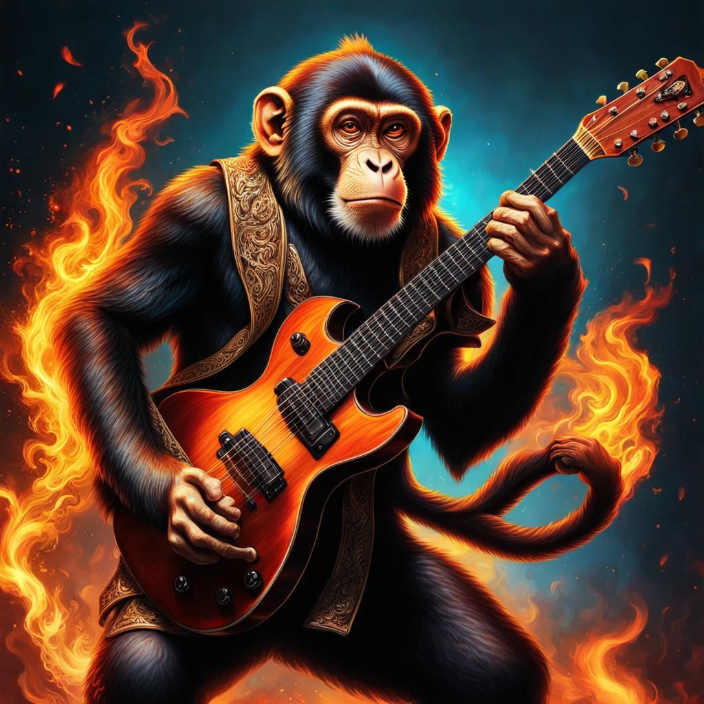 Monkey Plays Guitar On Fire: Hyperrealistic Art