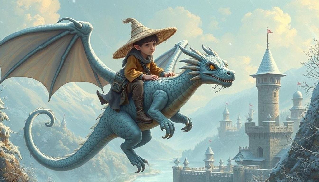 Halfling Dragon Rider Soaring Over Winter Castle