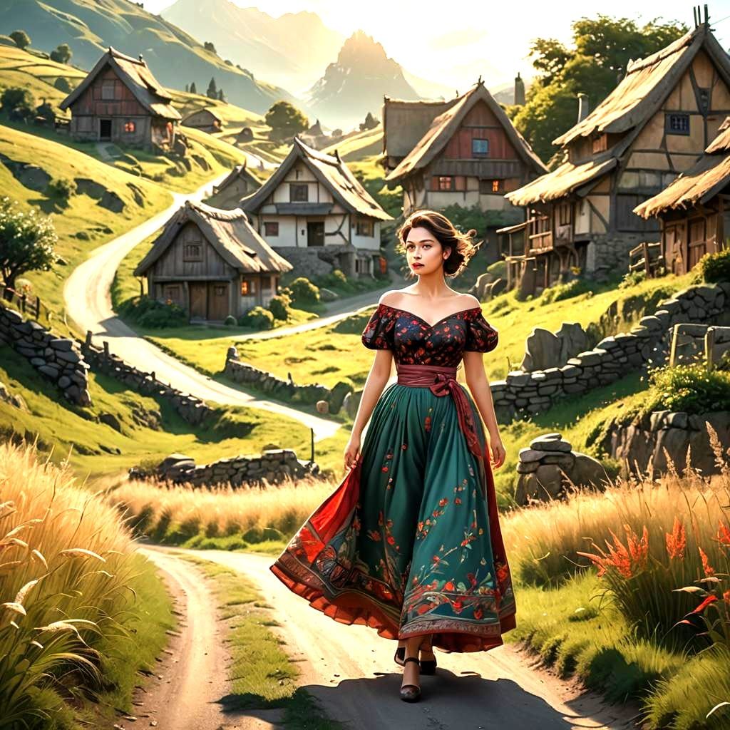 Woman on Village Road: Detailed Matte Painting
