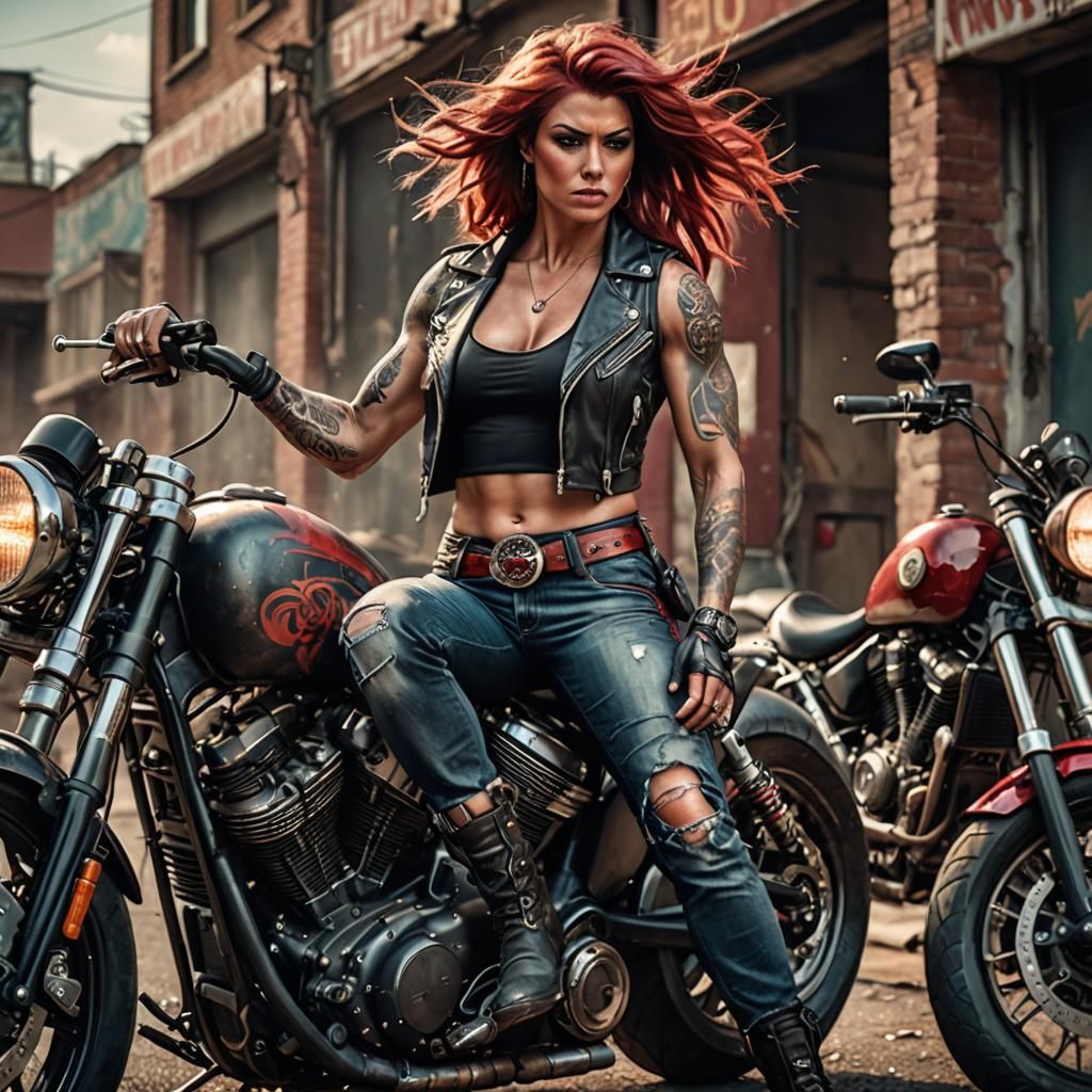Biker Gang Woman Portrait in Detailed Matte Painting