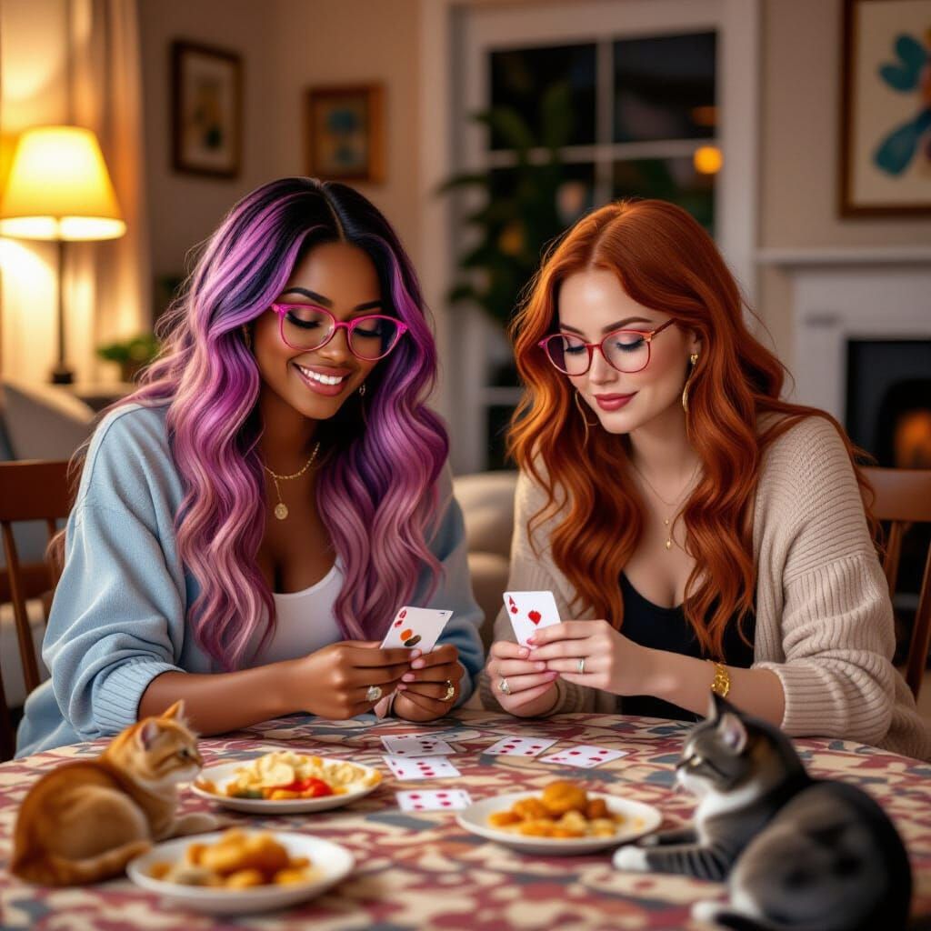 Cozy Evening Card Game with Cats