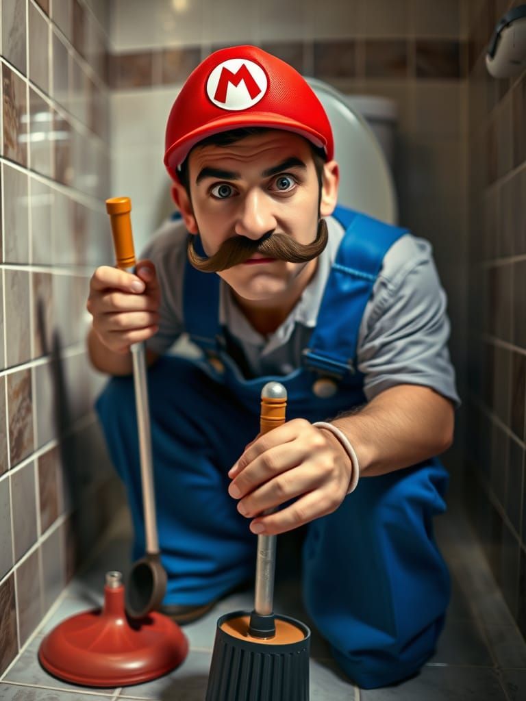 Plumber Channels Mario in Hyper-Realistic Bathroom Scene