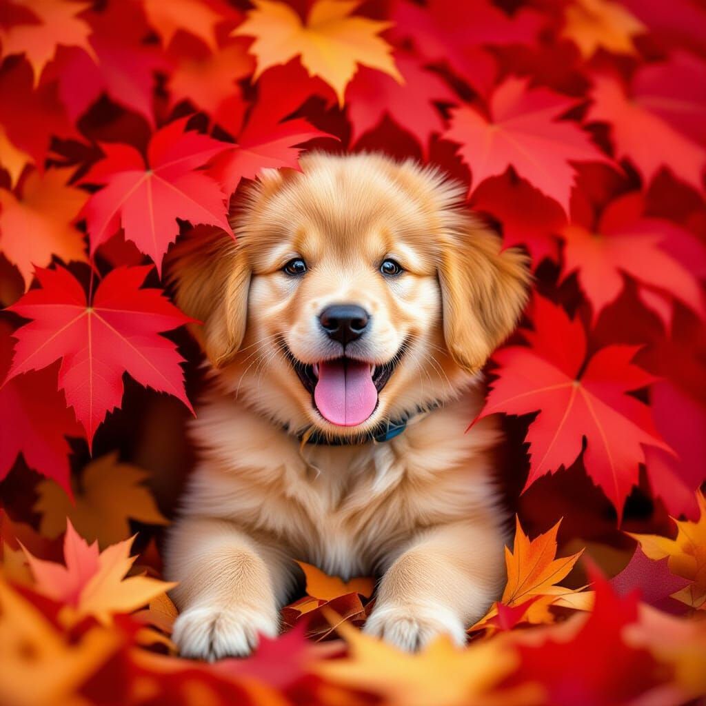 Golden Retriever Puppy Peeking From Autumn Leaves