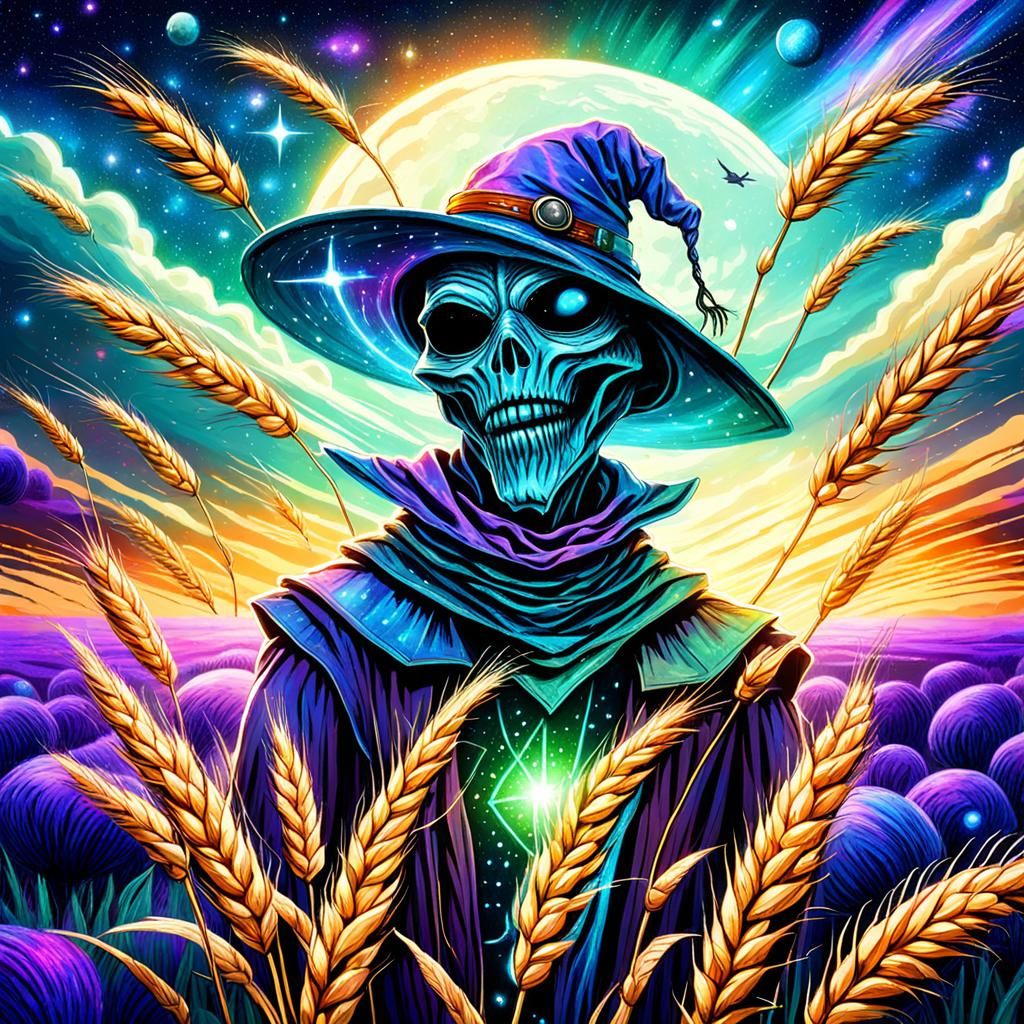 Alien Scarecrow in Wheat Field, Cosmic Illustration