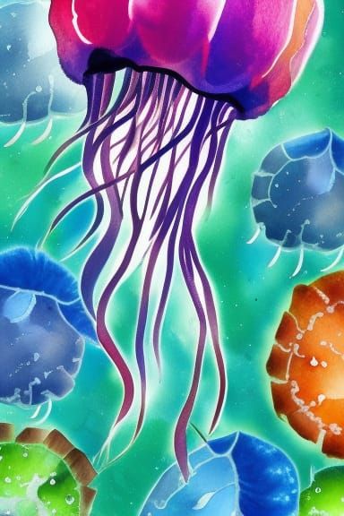 Rainbow Jellyfish in Gouache Watercolor Style