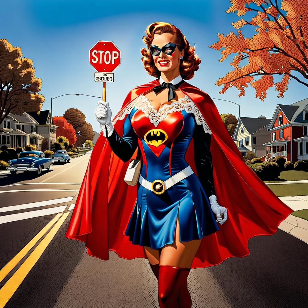 Whimsical Superhero Crossing Guard Inspired by Comic Art