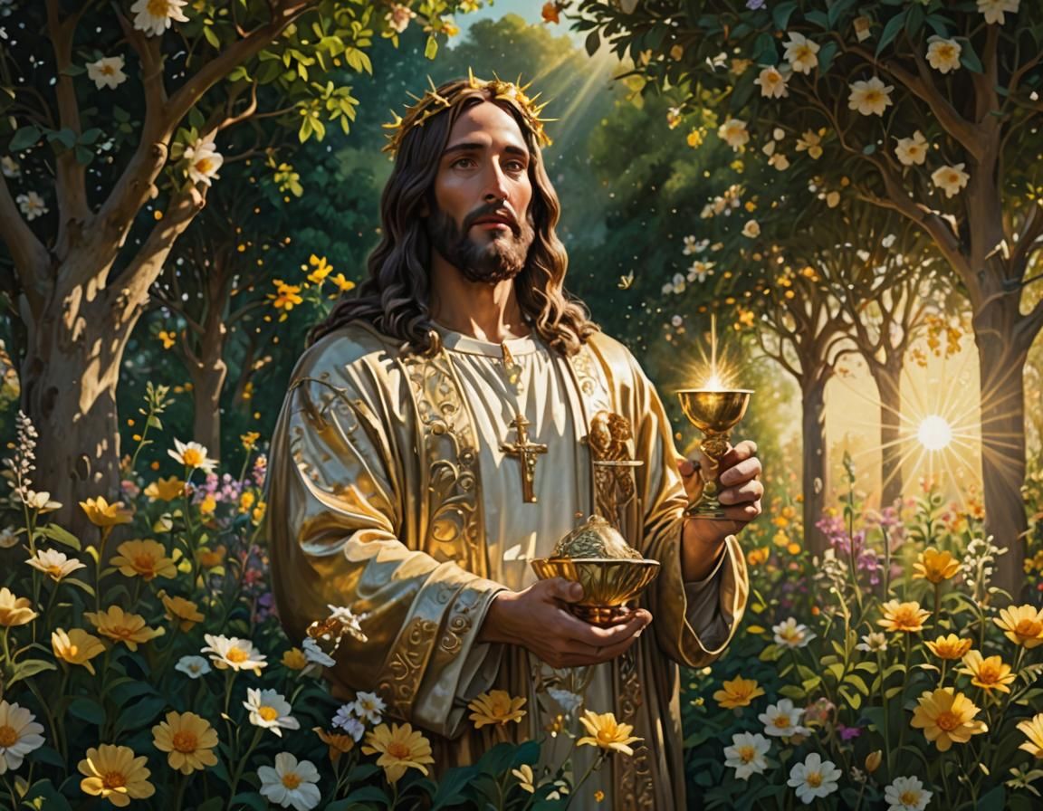 Christ and the Golden Grail in Surreal Garden
