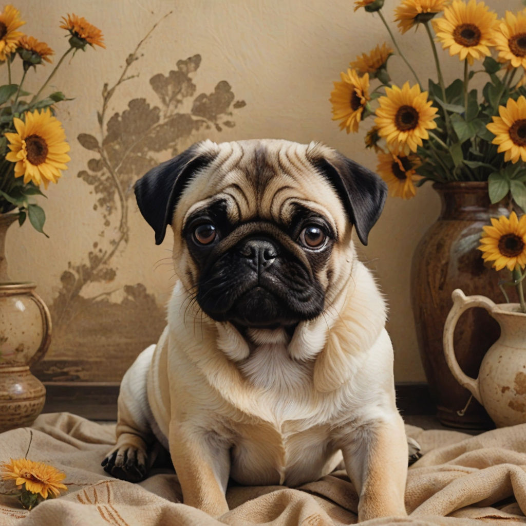 Adorable Pug Dog with Dark Brown Snout and Cream Colored Bod...