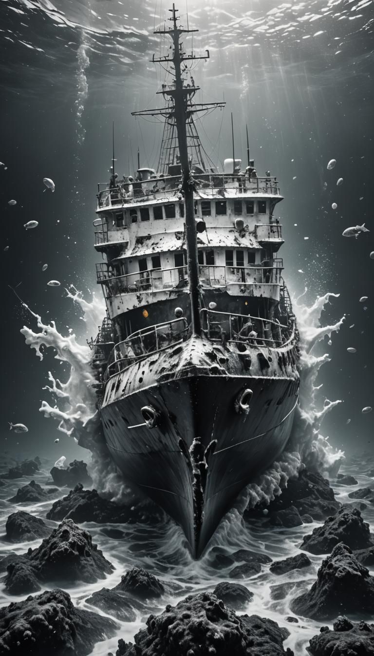 Underwater Shipwreck in Milk: Hyper-Realistic Black & White